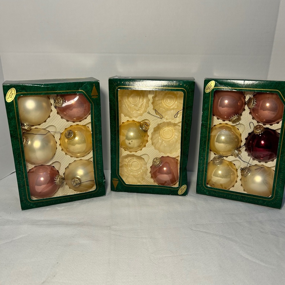Krebs Designer Glass Christmas Ornaments Tuscany Rose Red‎ cream color vintage